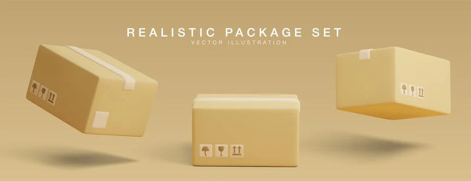 Set of 3D cardboard closed boxes isolated on light background. Realistic deli イラスト素材
