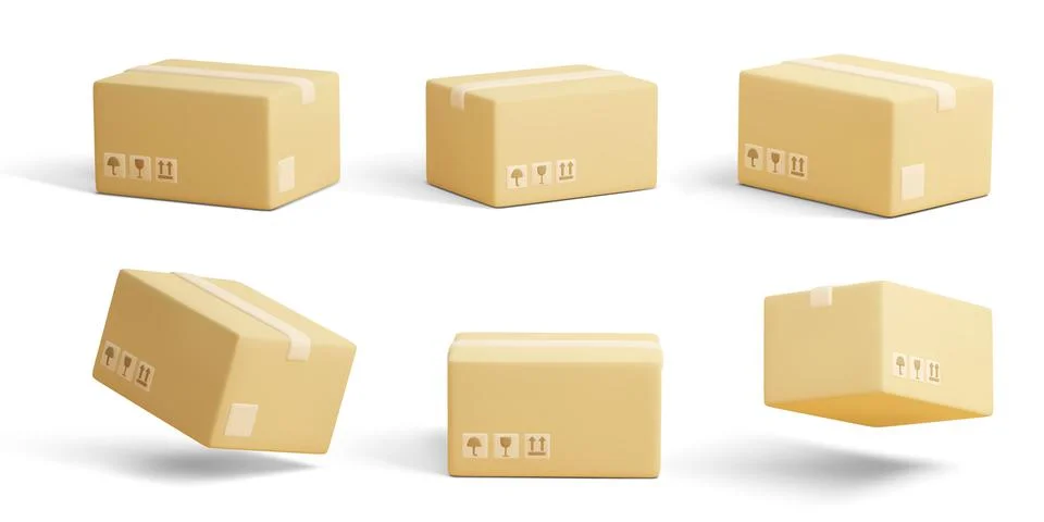 Set of 3D cardboard closed boxes isolated on light background. Realistic deli Illustrazione stock
