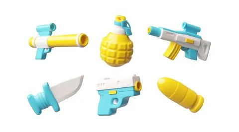 Set of 3D cartoon firearms, grenade, pistol, bullet, knife, rifle, yellow and Illustrazione stock