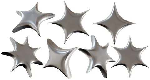 Set of 3D chrome stars with sharp, futuristic design, isolated on white bac.. Stock Photos