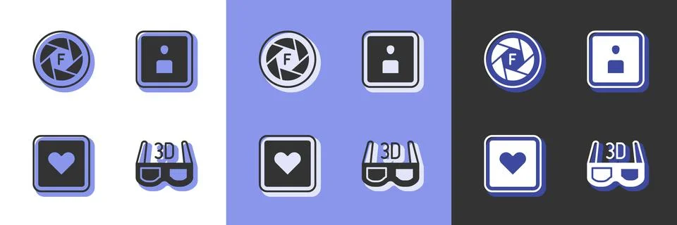 Set 3D cinema glasses, Camera shutter, Like heart and Play Video icon. Vector Stock Illustration