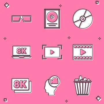 Set 3D cinema glasses, CD disk award frame, or DVD, Laptop with 8k, Online play Stock Illustration