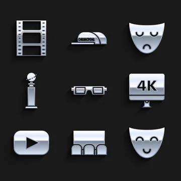 Set 3D cinema glasses, , Comedy theatrical mask, Computer PC monitor with 4k 스톡 일러스트
