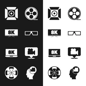 Set 3D cinema glasses, Screen tv with 8k, Movie spotlight, Film reel, Laptop Illustrazione stock