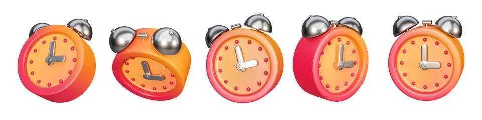 Set of 3d clock icon isolated on a white background. 5 different angle twin b Stock Illustration