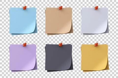 Set of 3D colored note paper with red pushpin. Illustrazione stock