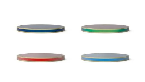 Set of 3D colored round podiums with golden edgings. Isolated design elements. Illustrazione stock