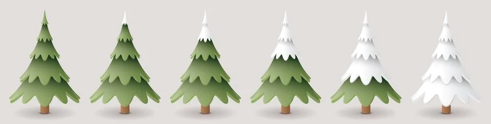 Set of 3D cute pine trees covered by snow isolated graphic illustration. Stock Illustration