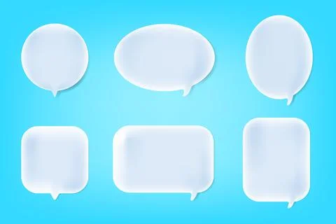 Set of 3d cute white circle and square speech bubble icons, isolated on blu.. Stock Illustration