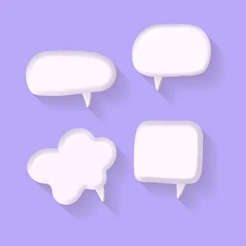 Set of 3D cute white square speech bubble icons isolated on violet pastel Stock Illustration
