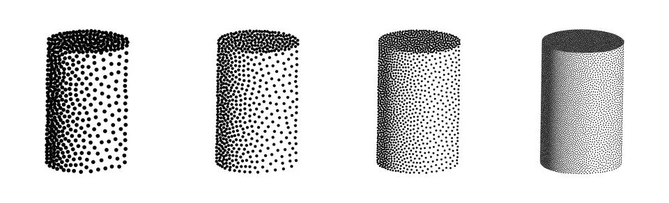 Set of 3D cylinders in halftone dotwork style. Vector illustration Stock Illustration