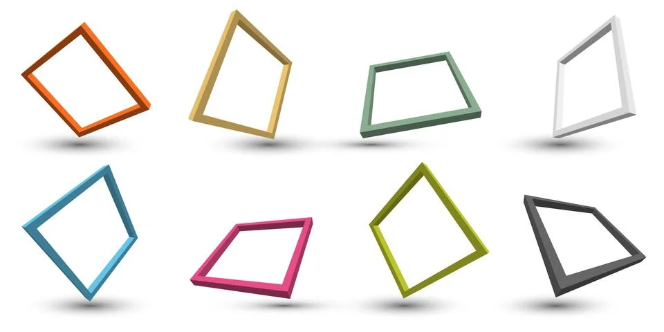 Set of 3D distort perspective square frame border with shadow isolated on whi Stock Illustration