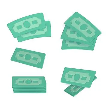 Set of 3D dollars USA. Render green paper pack of money, stack of bancknotes Stock Illustration