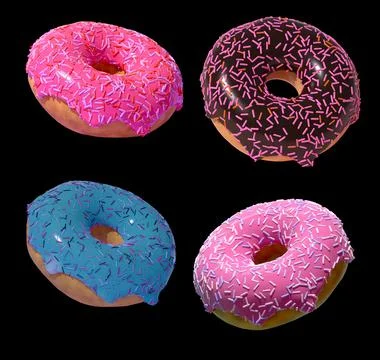 Set 3D donuts on a black background is a realistic sweet dessert with a top. 3D Stock Illustration