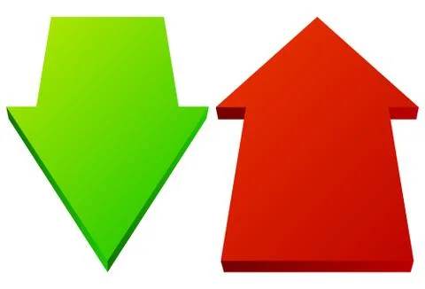 Set of 3d up down arrows in perspective. Green, red arrows. Illustrazione stock