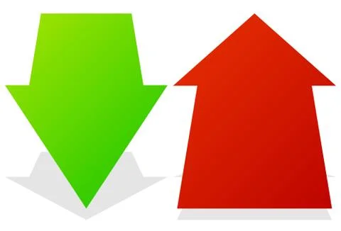 Set of 3d up down arrows in perspective. Green, red arrows. Illustrazione stock