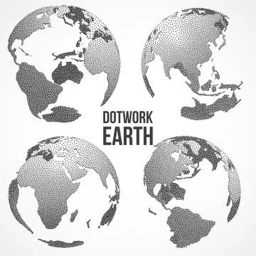 Set of 3D Earth Planet Globe. Vector Dotwork Stock Illustration