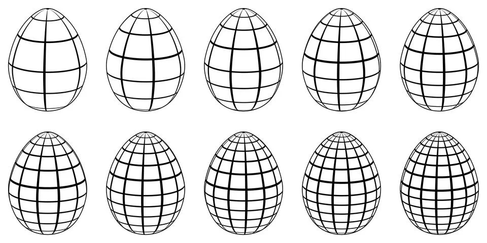 Set of 3d eggs with horizontal and vertical lines, meridians and parallels Illustrazione stock