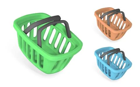 Set of 3d empty blue, orange and green shopping baskets. Shopping concept. Ve Stock Illustration