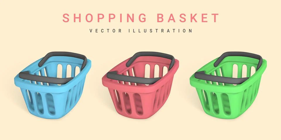 Set of 3d empty blue, red and green shopping baskets. Shopping concept. Vecto Stock Illustration