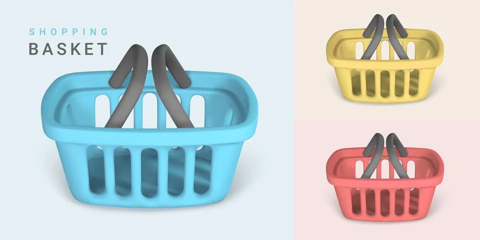 Set of 3d empty blue, red and yellow shopping baskets. Shopping concept. Vect Stock Illustration