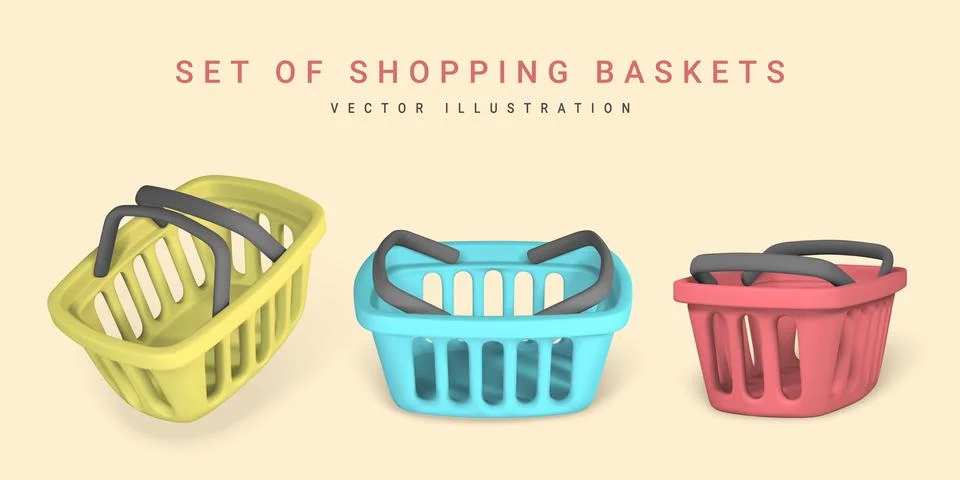 Set of 3d empty blue, red and yellow shopping baskets. Shopping concept. Vect Stock Illustration