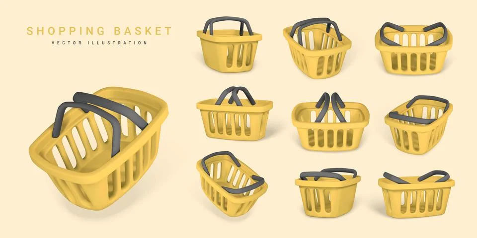 Set of 3d empty yellow shopping baskets. Shopping concept. Vector illustratio Stock Illustration
