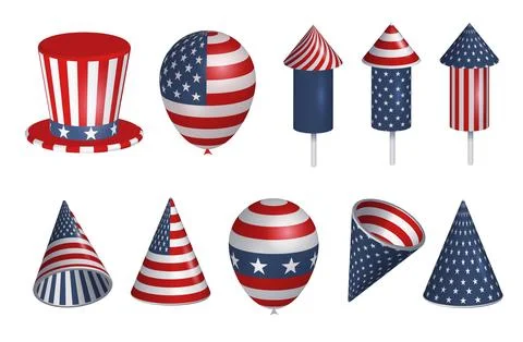 Set of 3d festive art objects for USA independence day. Render of fireworks Stock Illustration