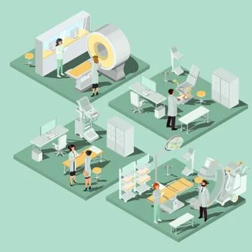 Set of 3D flat isometric illustrations of medical premises in the clinic with Stock Illustration