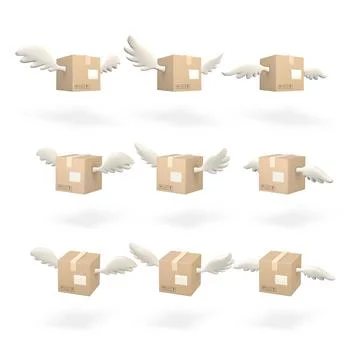 Set of 3d flying cardboard box with wings. Carton delivery packaging. Deliver Stock Illustration