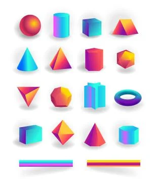 Set of 3d geometric shapes and editable strokes with holographic gradient Stock Illustration