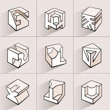 Set of 3D geometric shapes cube designs. Stock Illustration