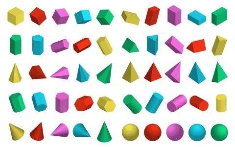 Set of 3D geometric shapes in isometric view. Collection of colorful object.. Stock Illustration