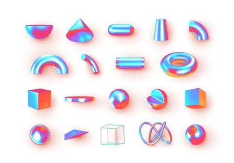 Set of 3d geometric shapes objects. Realistic geometry elements isolated on w Stock Illustration