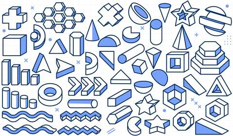 Set of 3D geometric shapes outline icon element vector illustration clipart Stock Illustration