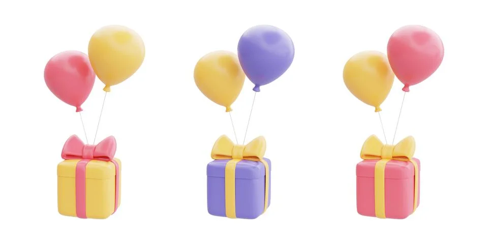 Set of 3d gift boxes with balloon floating isolated on white background, Grea Stock Illustration