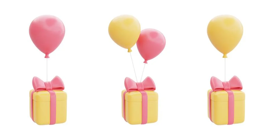Set of 3d gift boxes with balloon floating isolated on white background, Grea Stock Illustration