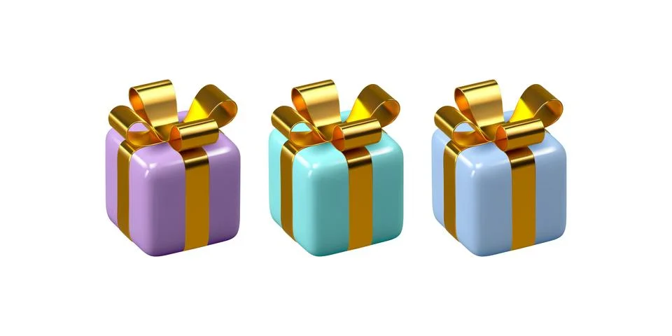 Set of 3d gift boxes wrapped golden ribbon Stock Illustration