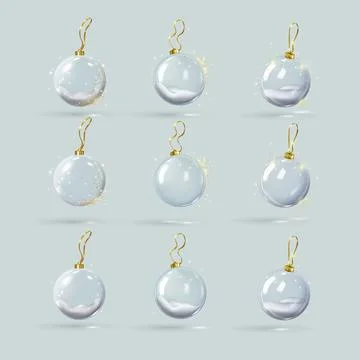 Set of 3D glass balls, empty and with snow inside, with gold and white glitter Stock Illustration