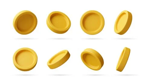 Set of 3d gold coins in different angles. Illustrazione stock