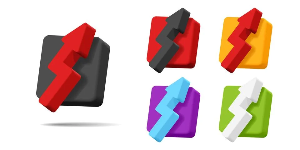 Set of 3d icons of arrow pointing up on a square volume shape in different co Stock Illustration