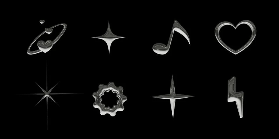 Set of 3d icons with chrome effect in 2000s style. Vector illustration Stock Illustration