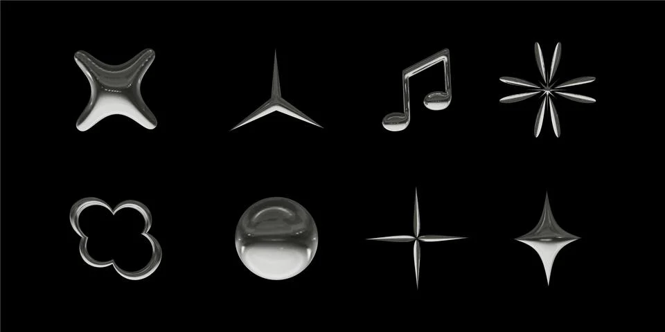 Set of 3d icons with chrome effect in y2k style. Vector illustration Illustrazione stock