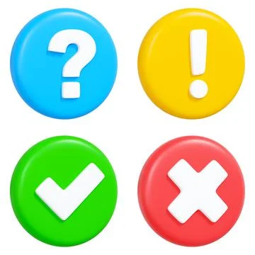 Set of 3D icons question, exclamation, check mark and cross in colorful circl Stockillustratie
