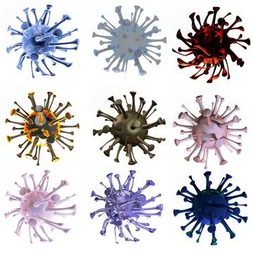 Set of 3d illustration of coronavirus cells with different colors and dynamic Stock Illustration
