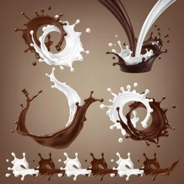 Set 3D illustrations, splashes and drops of melted dark chocolate, hot coffee Stock-Illustration
