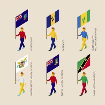 Set of 3d isometric people with flags of Caribbean countries Stock Illustration