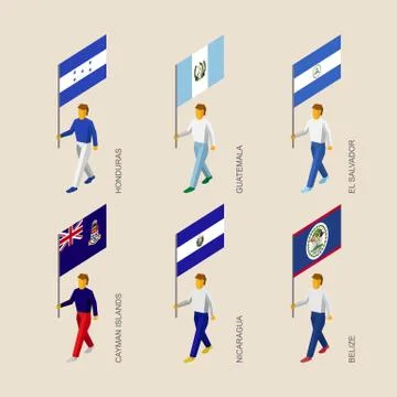 Set of 3d isometric people with flags of Caribbean countries 스톡 일러스트