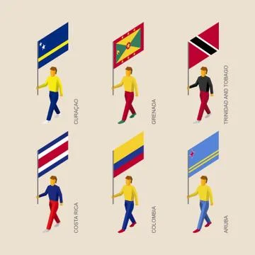 Set of 3d isometric people with flags of Caribbean countries 스톡 일러스트