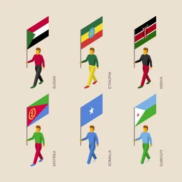 Set of 3d isometric people with flags of African countries. Stock Illustration